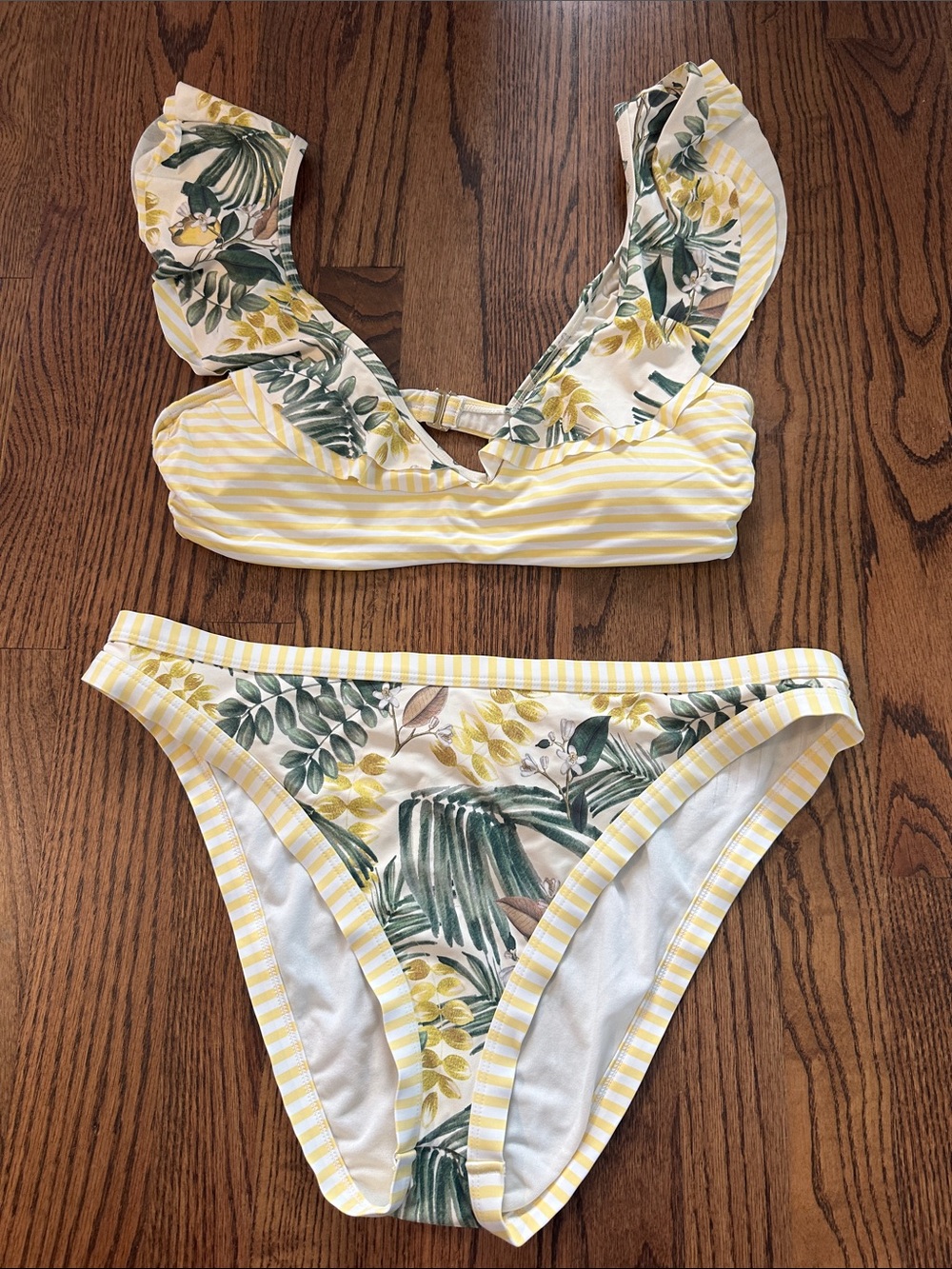 Gianni Bini Yellow & Green Tropical Stripe Ruffle Bikini